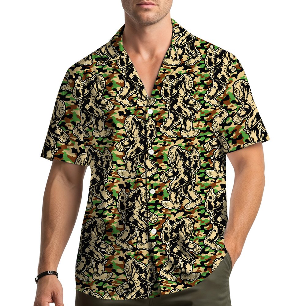 Group wearing funny bigfoot woodland camo shirts
