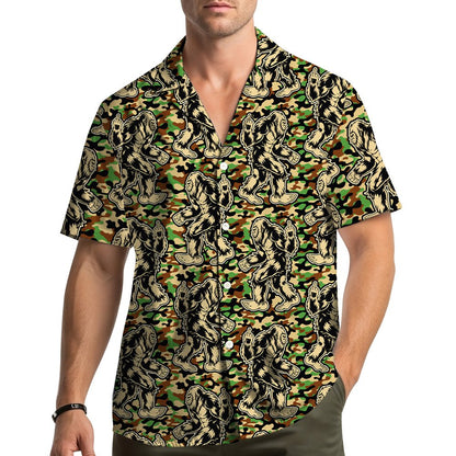 Group wearing funny bigfoot woodland camo shirts