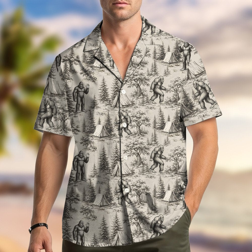 Lifestyle view of the beige bigfoot hawaiian shirt
