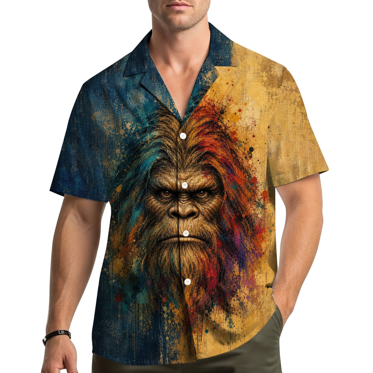 Lifestyle view of a person wearing the bigfoot hawaiian shirt outdoors