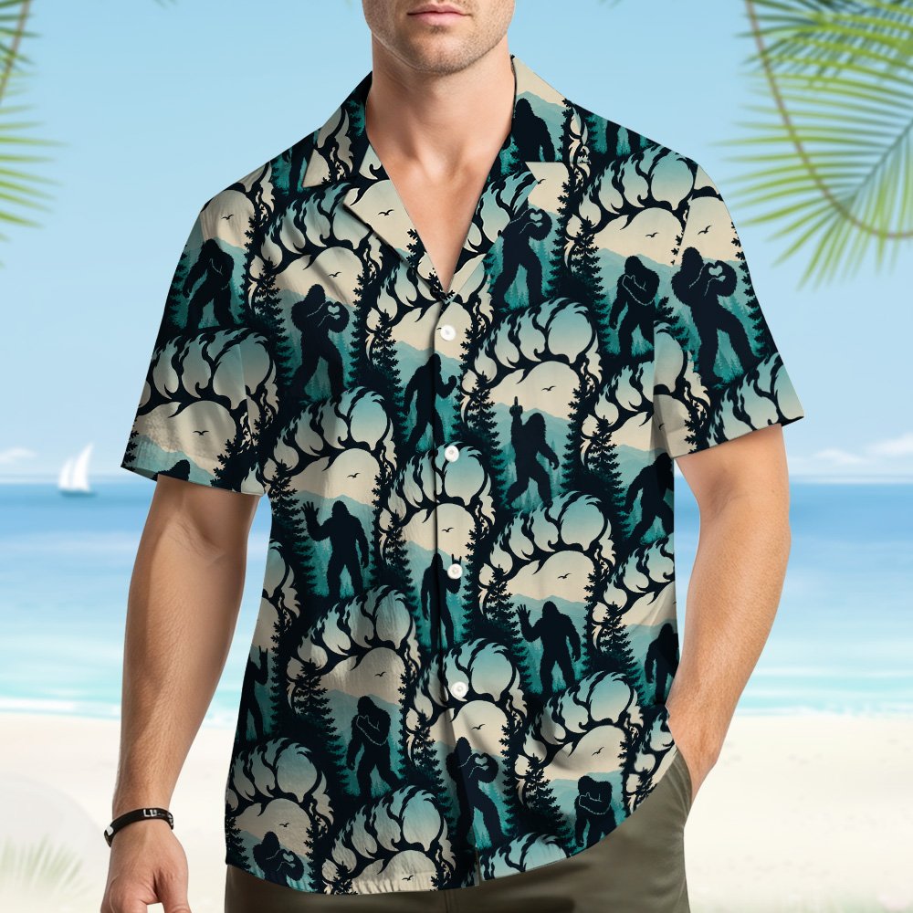 Lifestyle view of a person wearing the bigfoot matching family hawaiian shirt