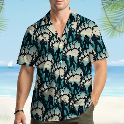 Lifestyle view of a person wearing the bigfoot matching family hawaiian shirt