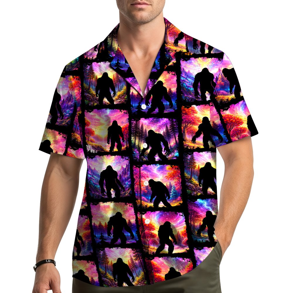 Lifestyle shot of a person wearing the bigfoot hawaiian shirt