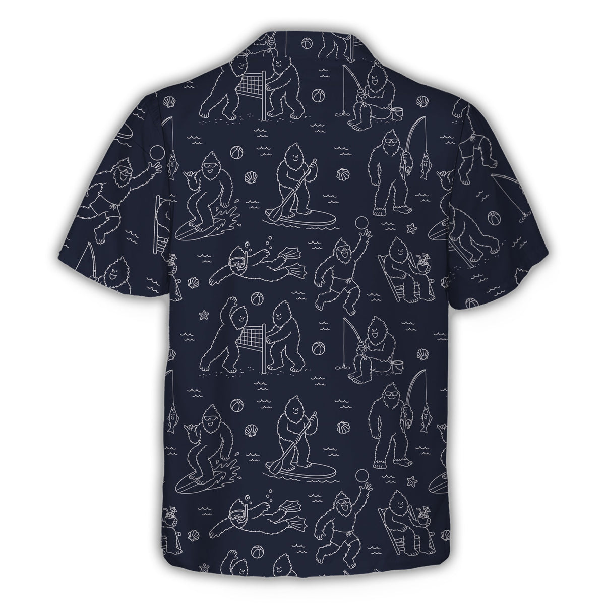 Back view of navy blue bigfoot hawaiian shirt with white line art design