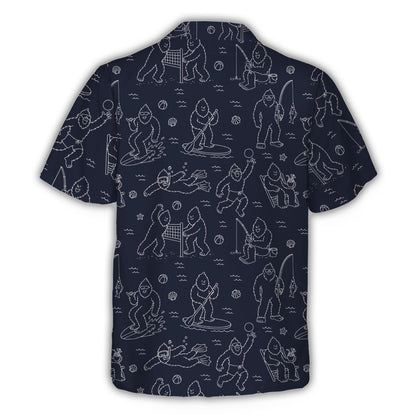 Back view of navy blue bigfoot hawaiian shirt with white line art design