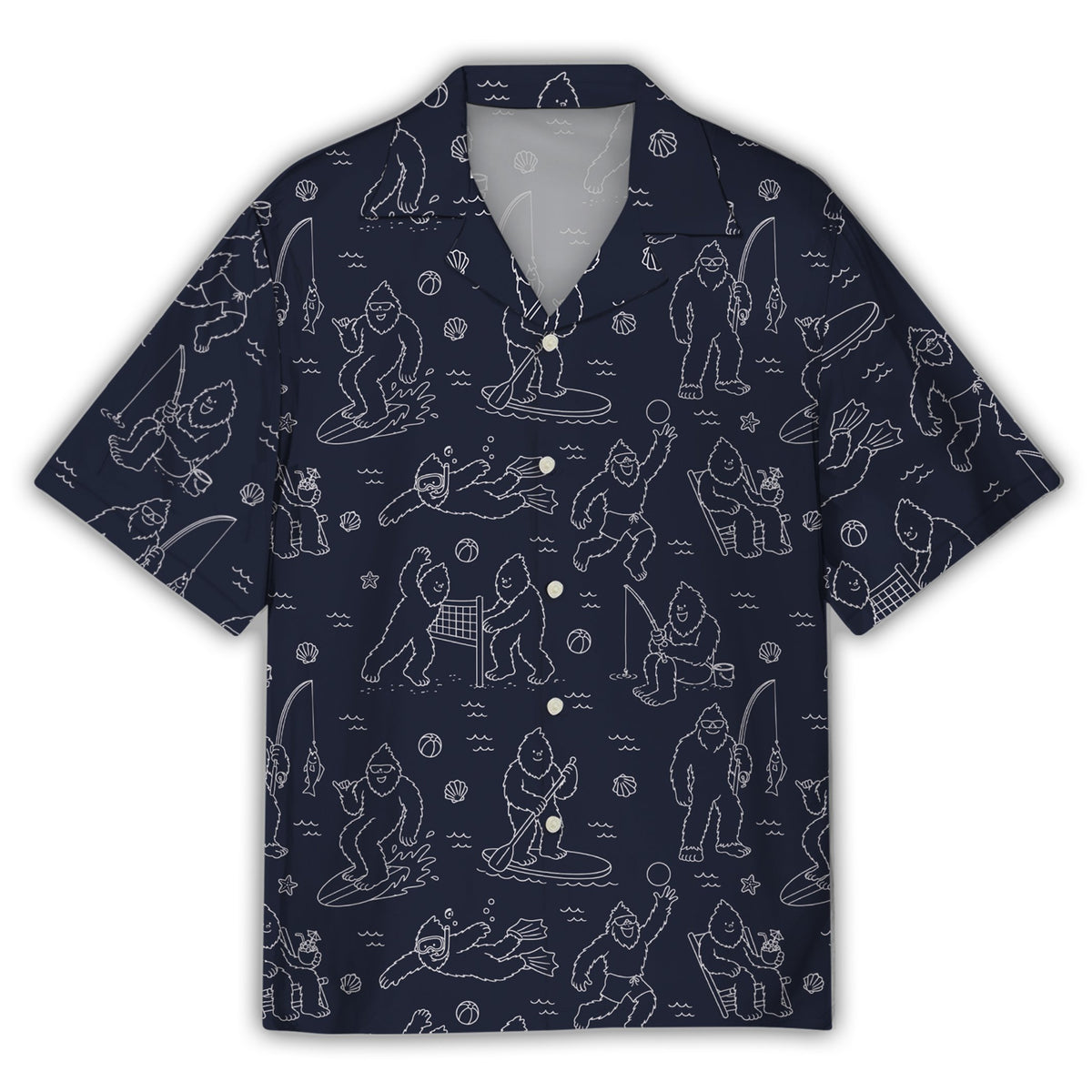 Navy blue bigfoot hawaiian shirt featuring white line art of summer activities, front view