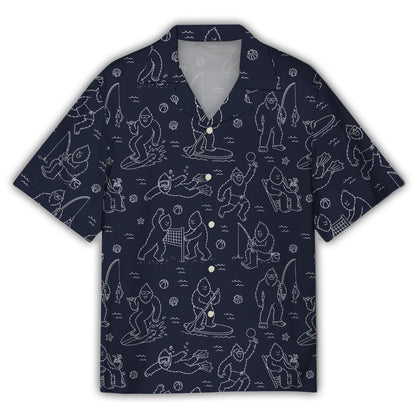 Navy blue bigfoot hawaiian shirt featuring white line art of summer activities, front view