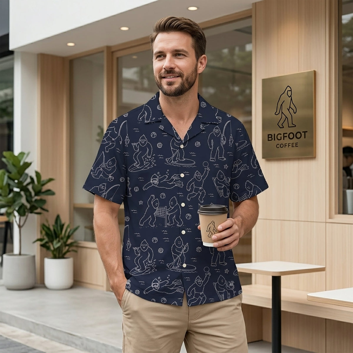 Another lifestyle view of the navy bigfoot hawaiian shirt in a summer setting