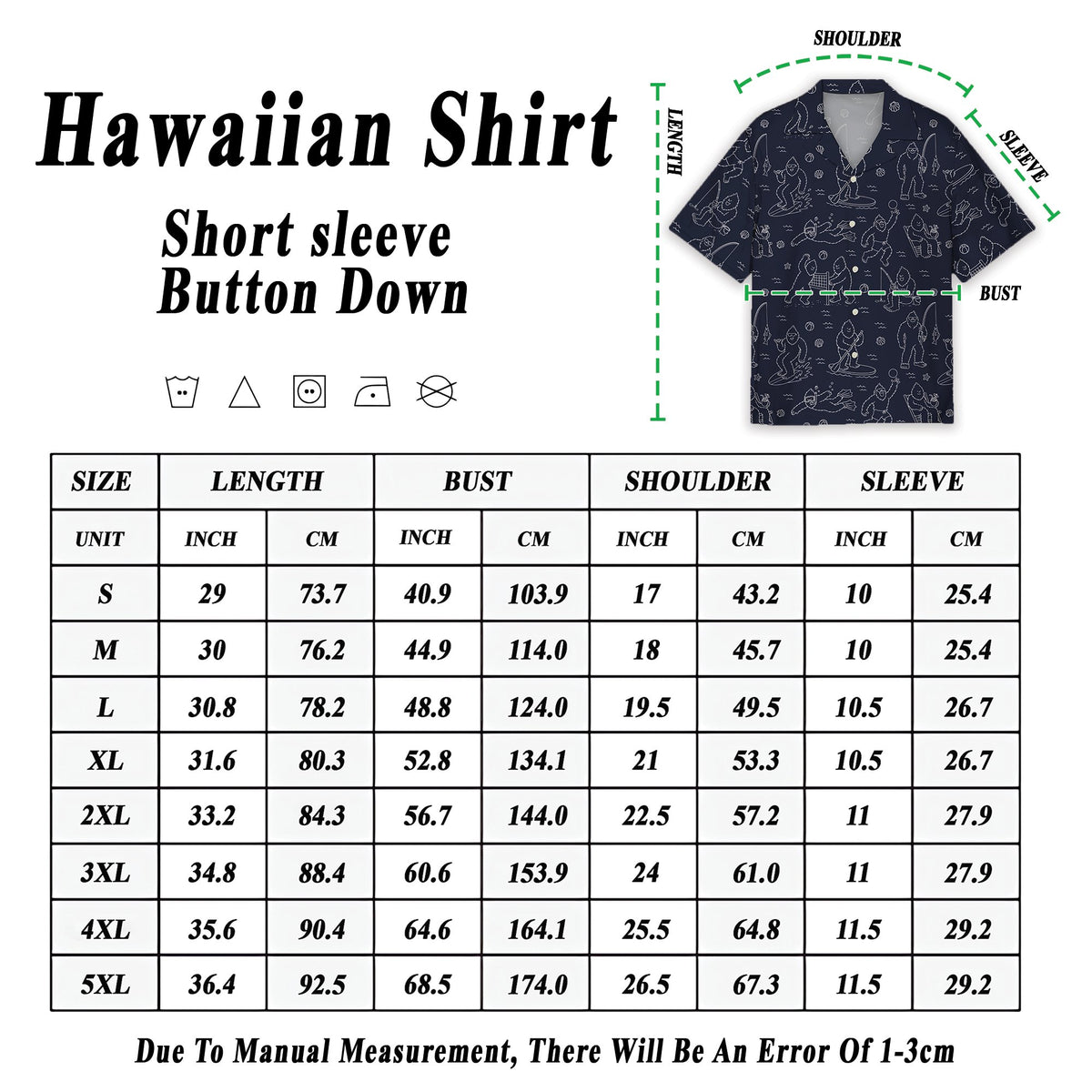 Alternative angle view of the navy bigfoot hawaiian shirt