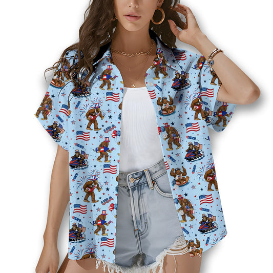 Main view of the bigfoot patriotic hawaiian shirt showing the light blue USA pattern