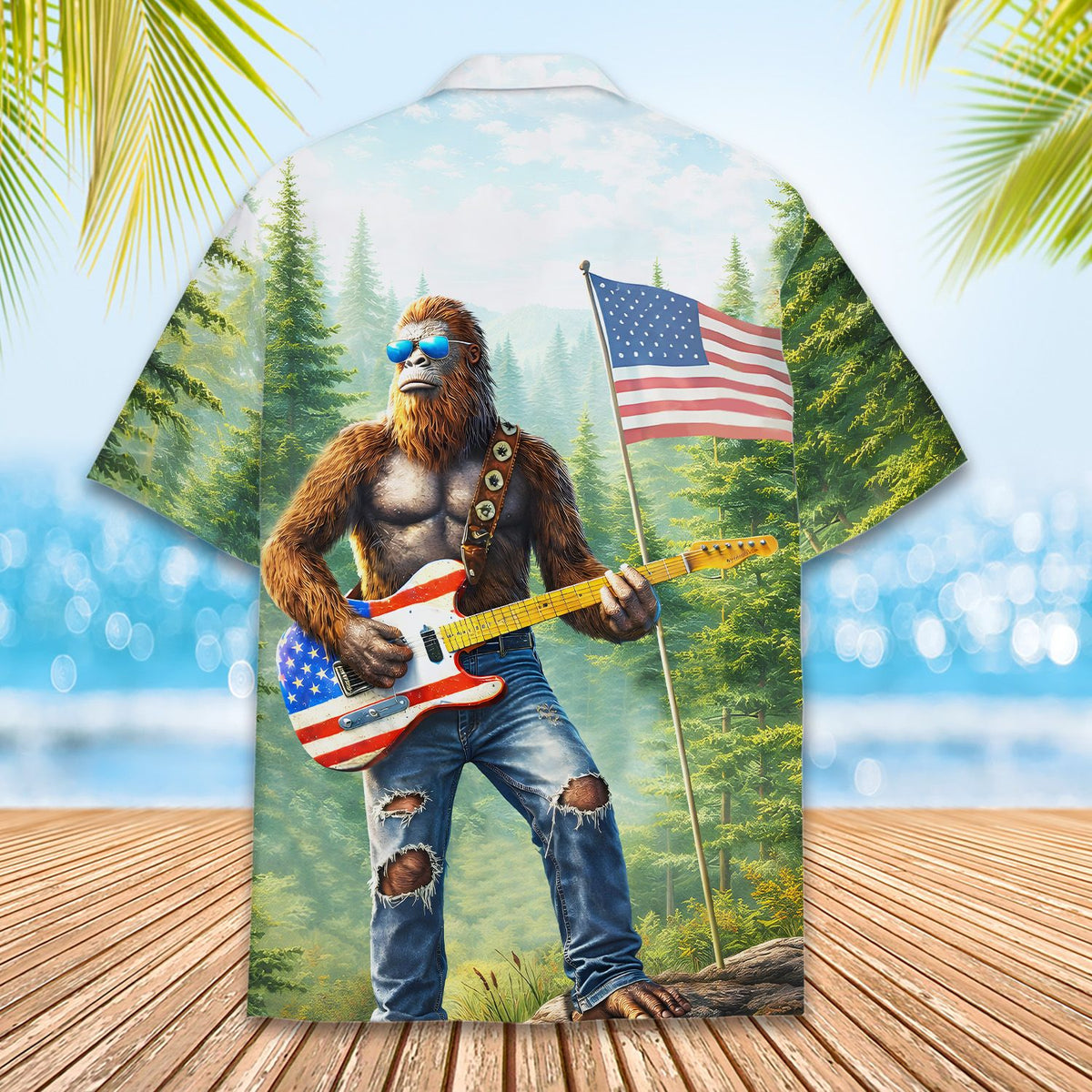 Family matching hawaiian shirts back detail featuring US flag