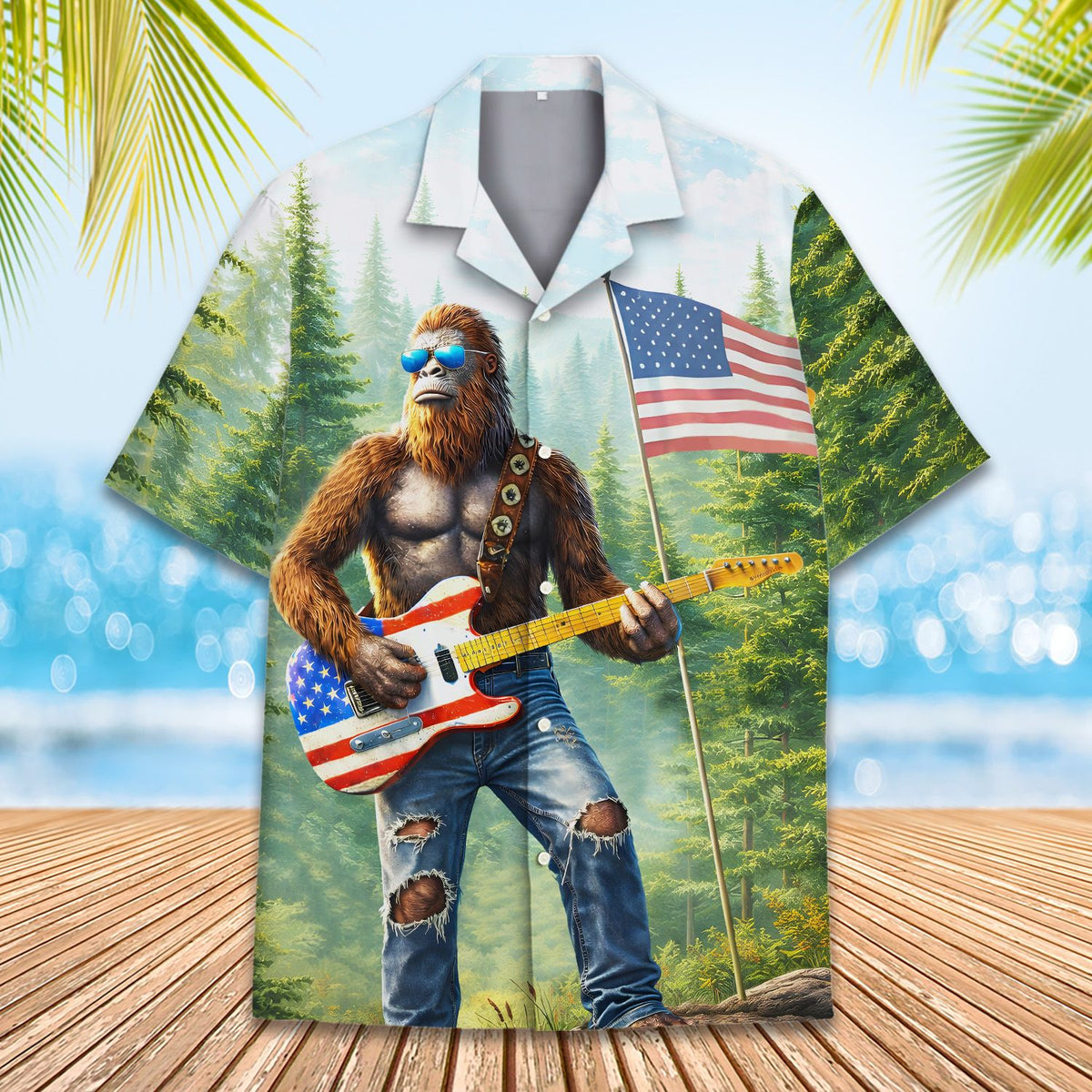 Family matching outfits patriotic bigfoot shirt, front angle