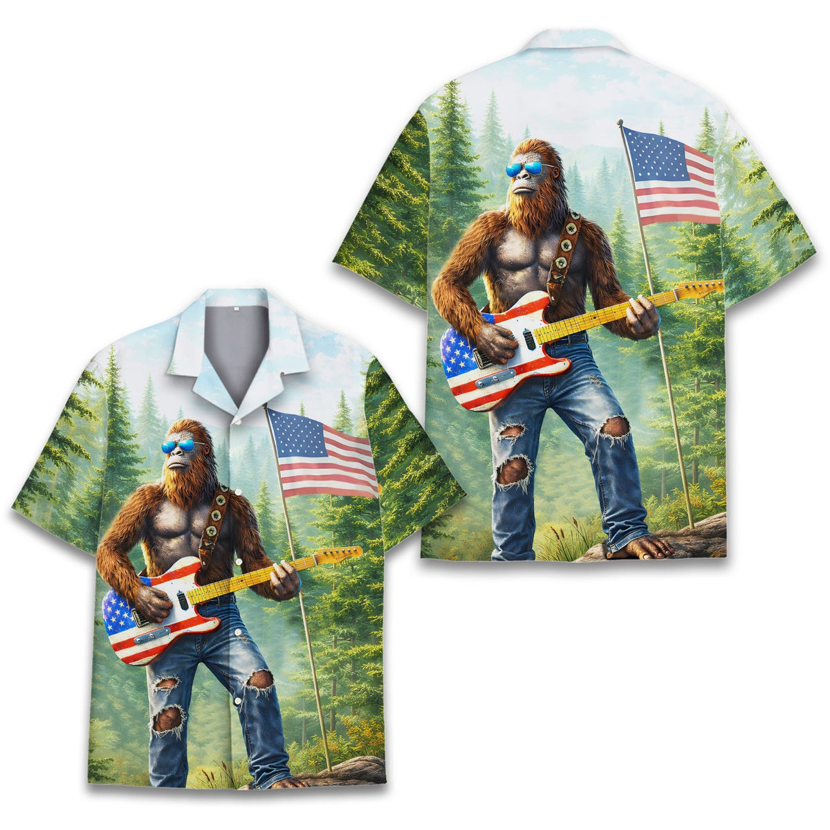 Matching family hawaiian shirts featuring Bigfoot playing guitar, front view