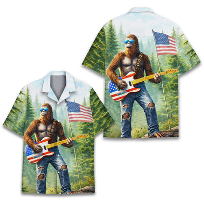 Matching family hawaiian shirts featuring Bigfoot playing guitar, front view