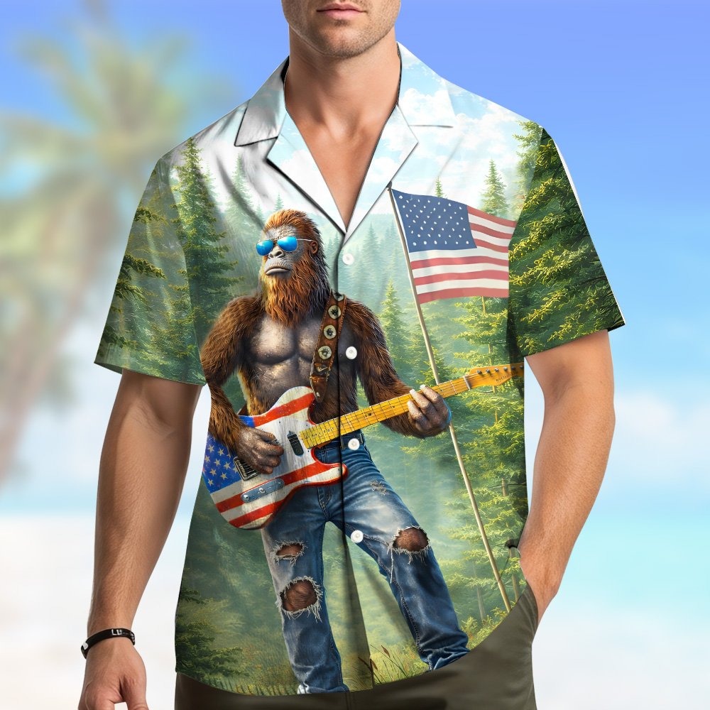Lifestyle view of the patriotic bigfoot hawaiian shirt