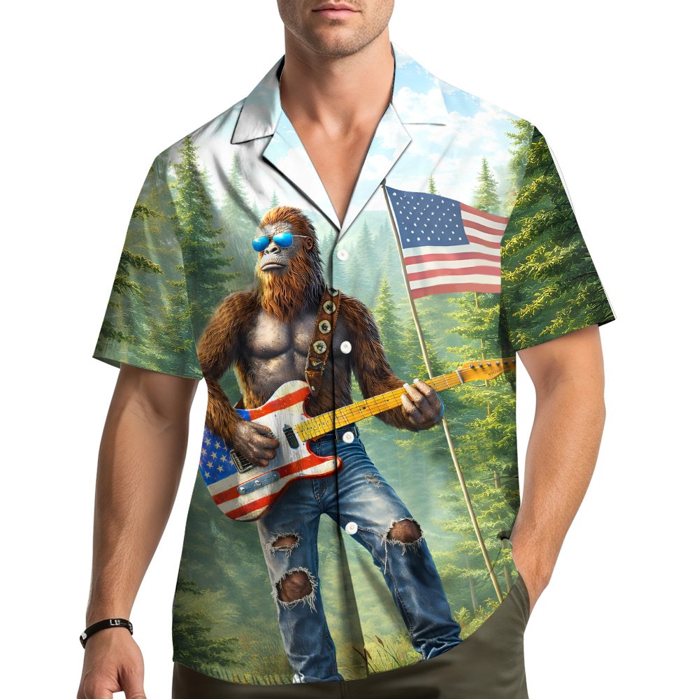 People wearing the matching family bigfoot hawaiian shirts outdoors