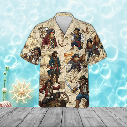 Front view of the bigfoot pirate hawaiian shirt showing the all-over pirate and compass design