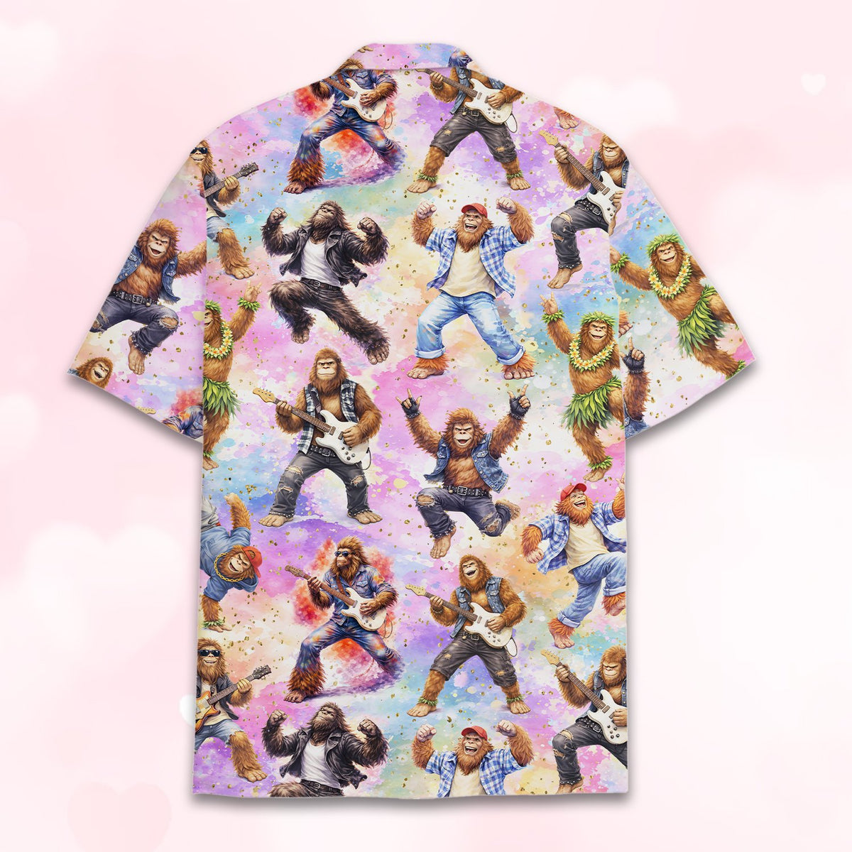 Detailed back view of the bigfoot rock band hawaiian shirt