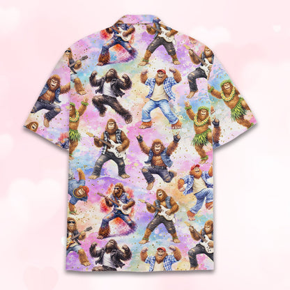 Detailed back view of the bigfoot rock band hawaiian shirt