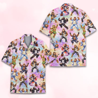 Detailed front view showing bigfoot playing guitar on the hawaiian shirt