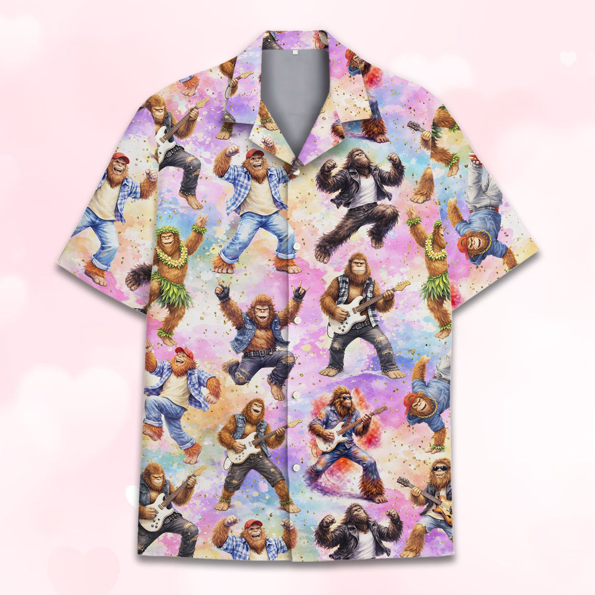 Close up front view of the bigfoot rock band hawaiian shirt pattern