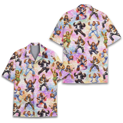 Front view of the pink bigfoot hawaiian shirt