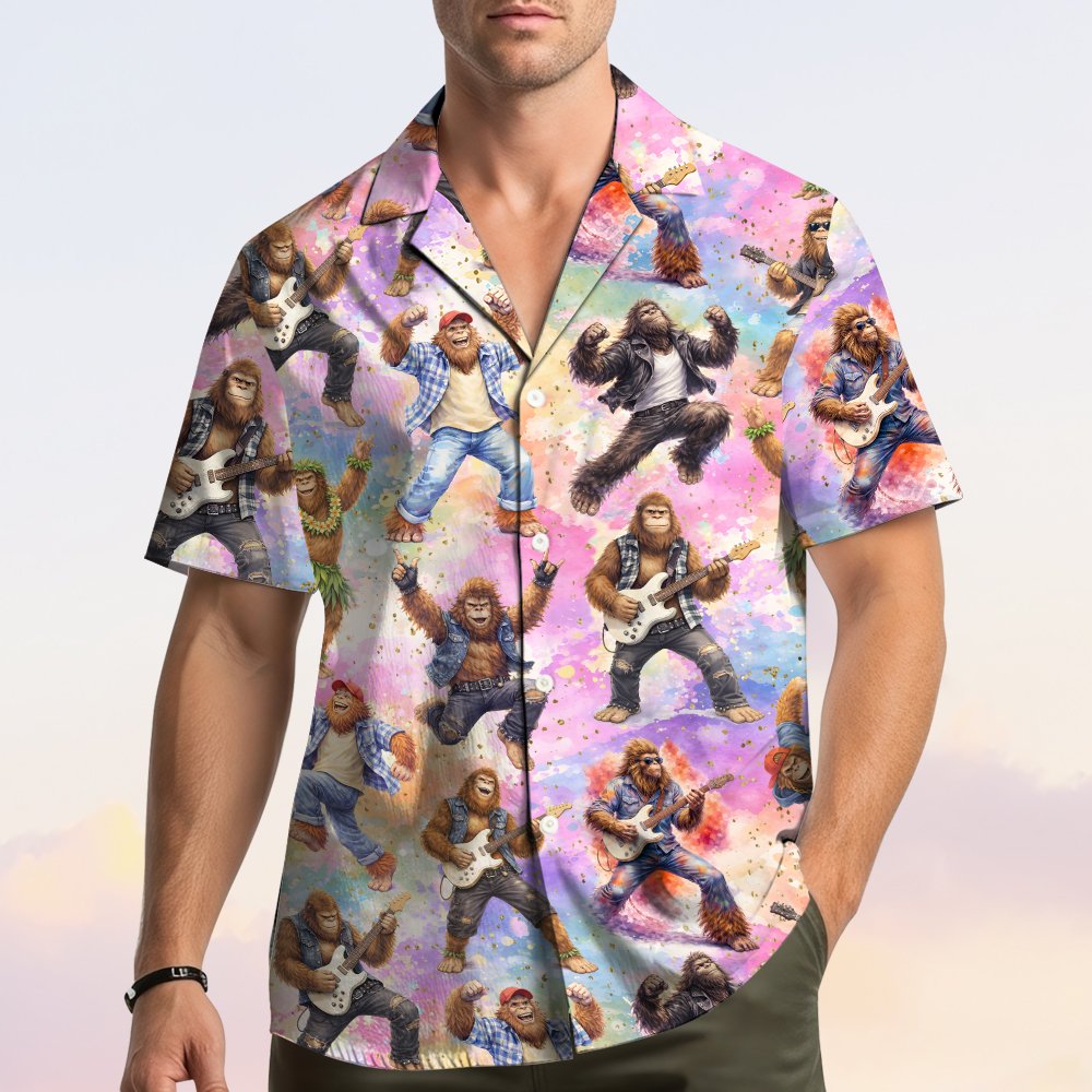 Lifestyle view of an adult wearing the bigfoot rock band hawaiian shirt