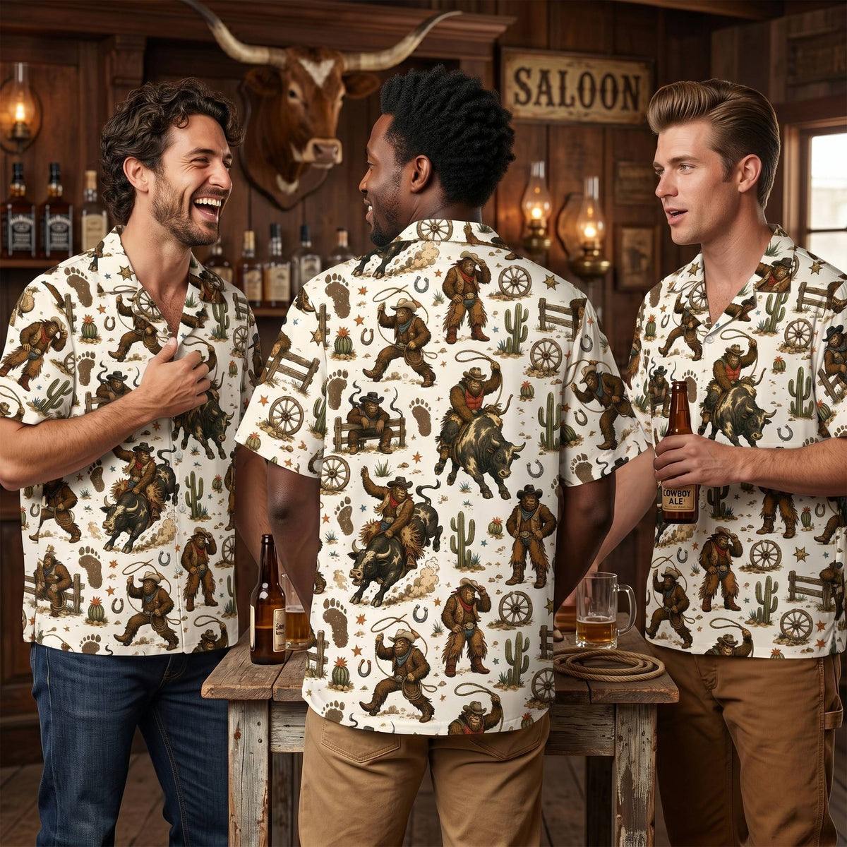 Bigfoot rodeo hawaiian shirt featuring Bigfoot riding a bull and twirling a lasso, back view
