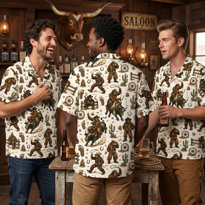 Bigfoot rodeo hawaiian shirt featuring Bigfoot riding a bull and twirling a lasso, back view