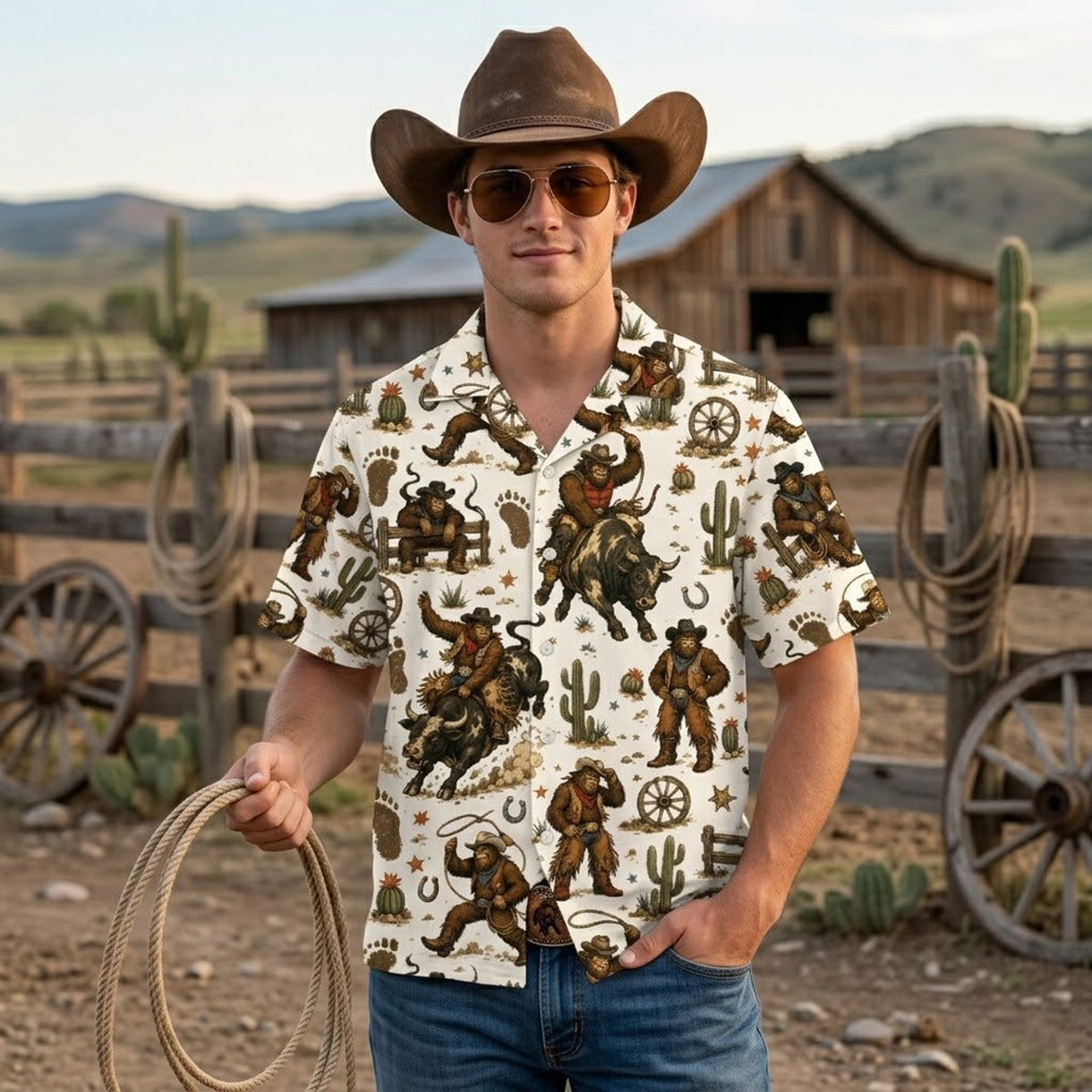 Close up of Bigfoot rodeo hawaiian shirt fabric showing Bigfoot riding a bull