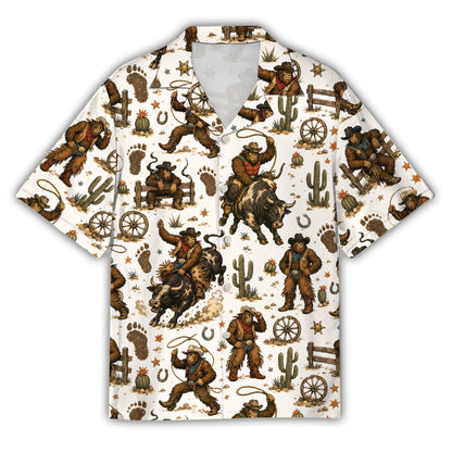 Bigfoot rodeo hawaiian shirt featuring Bigfoot riding a bull and twirling a lasso, front view