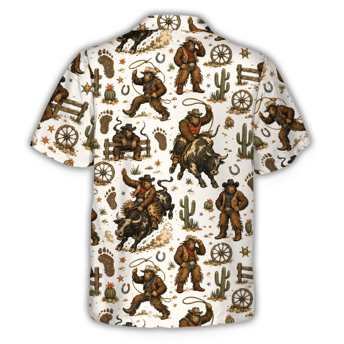 Family wearing matching bigfoot rodeo hawaiian shirts outdoors
