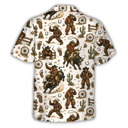 Family wearing matching bigfoot rodeo hawaiian shirts outdoors