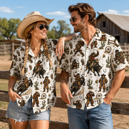 Adult wearing bigfoot rodeo hawaiian shirt outdoors