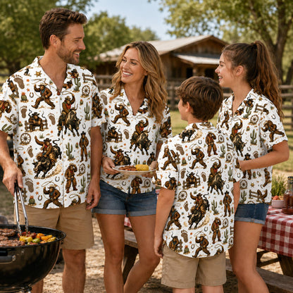 Adult wearing bigfoot rodeo hawaiian shirt outdoors smiling