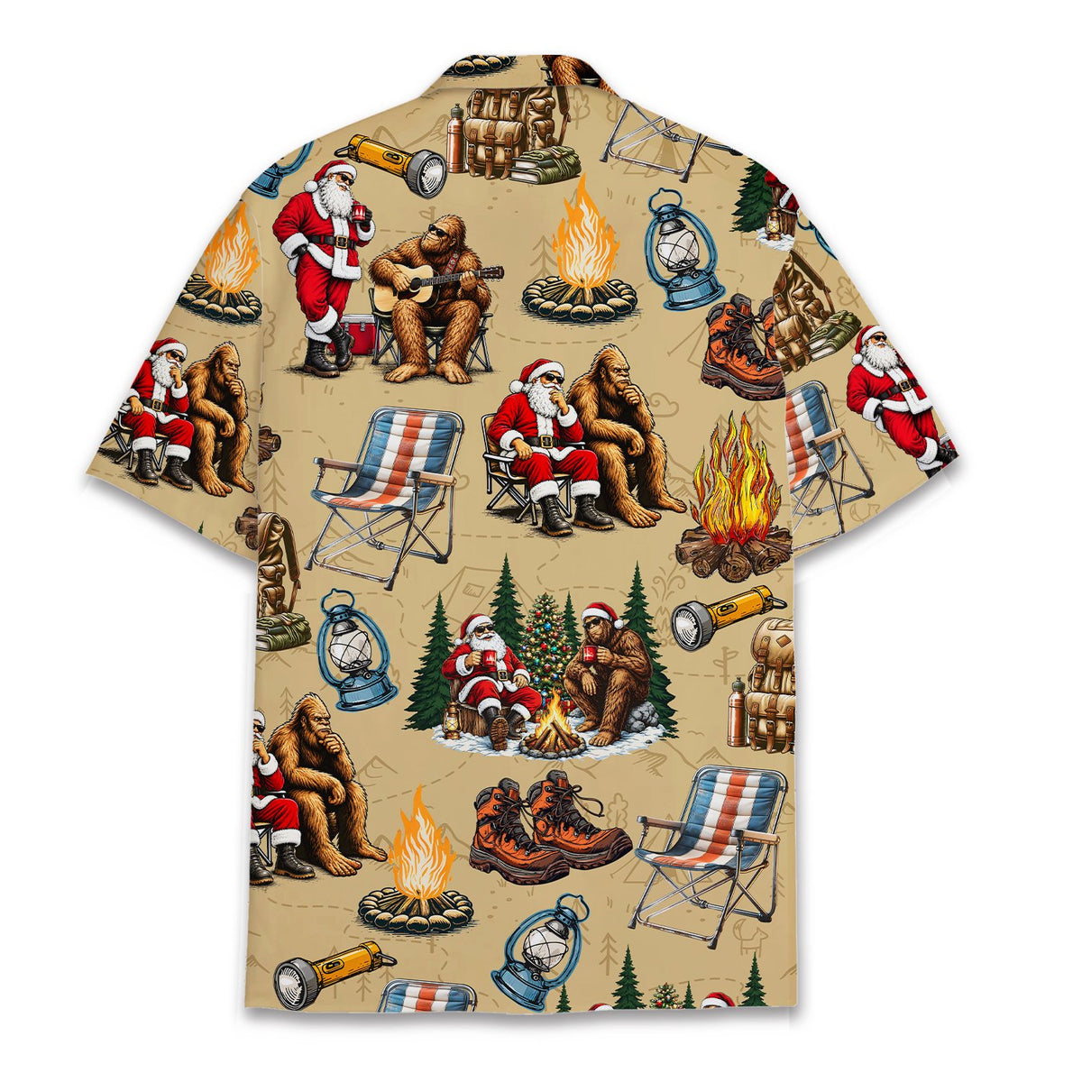 Another front view of the Bigfoot Santa camping Hawaiian shirt