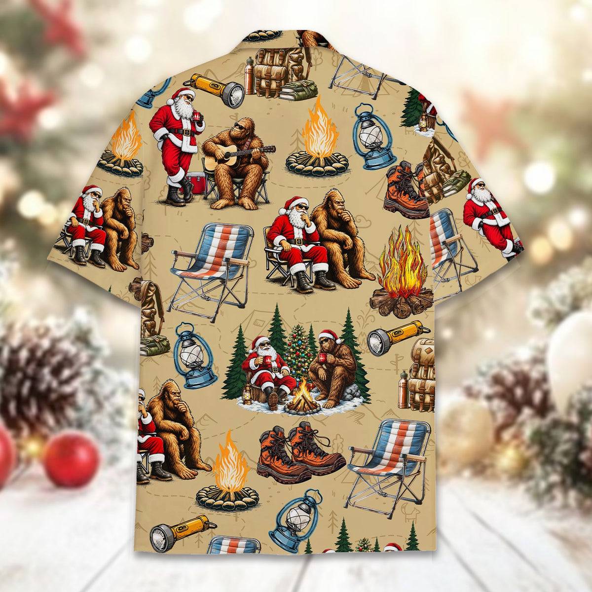 Close up front view highlighting the Bigfoot and Santa campfire print