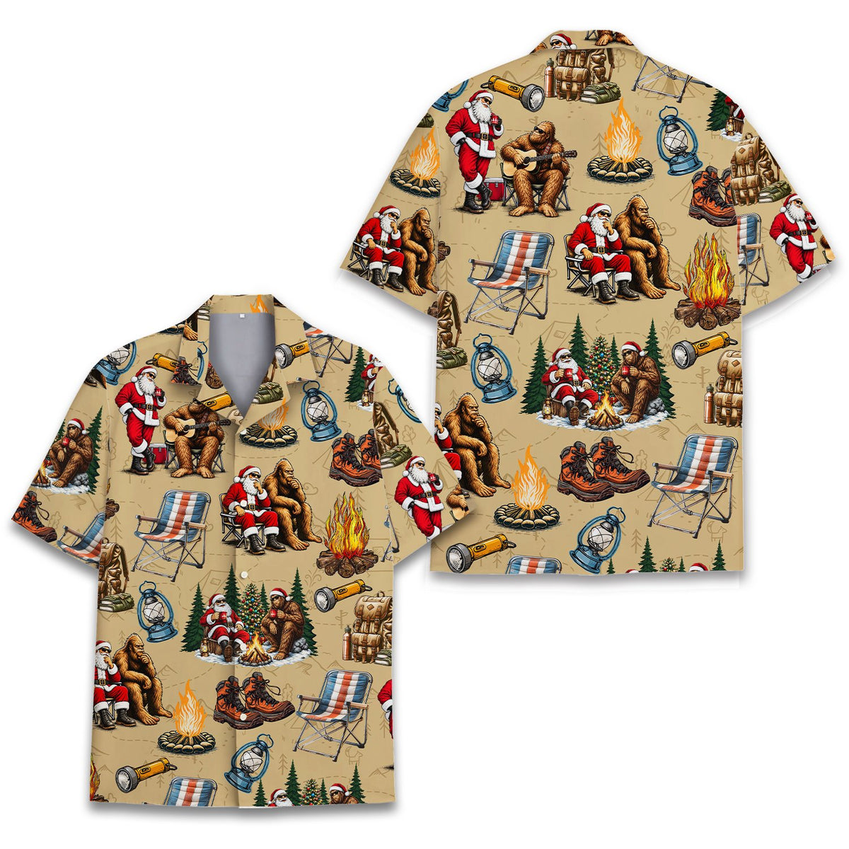 Front view of the Bigfoot Santa camping Hawaiian shirt for adults