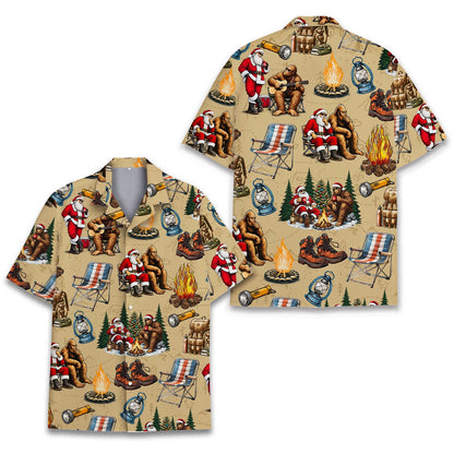 Front view of the Bigfoot Santa camping Hawaiian shirt for adults