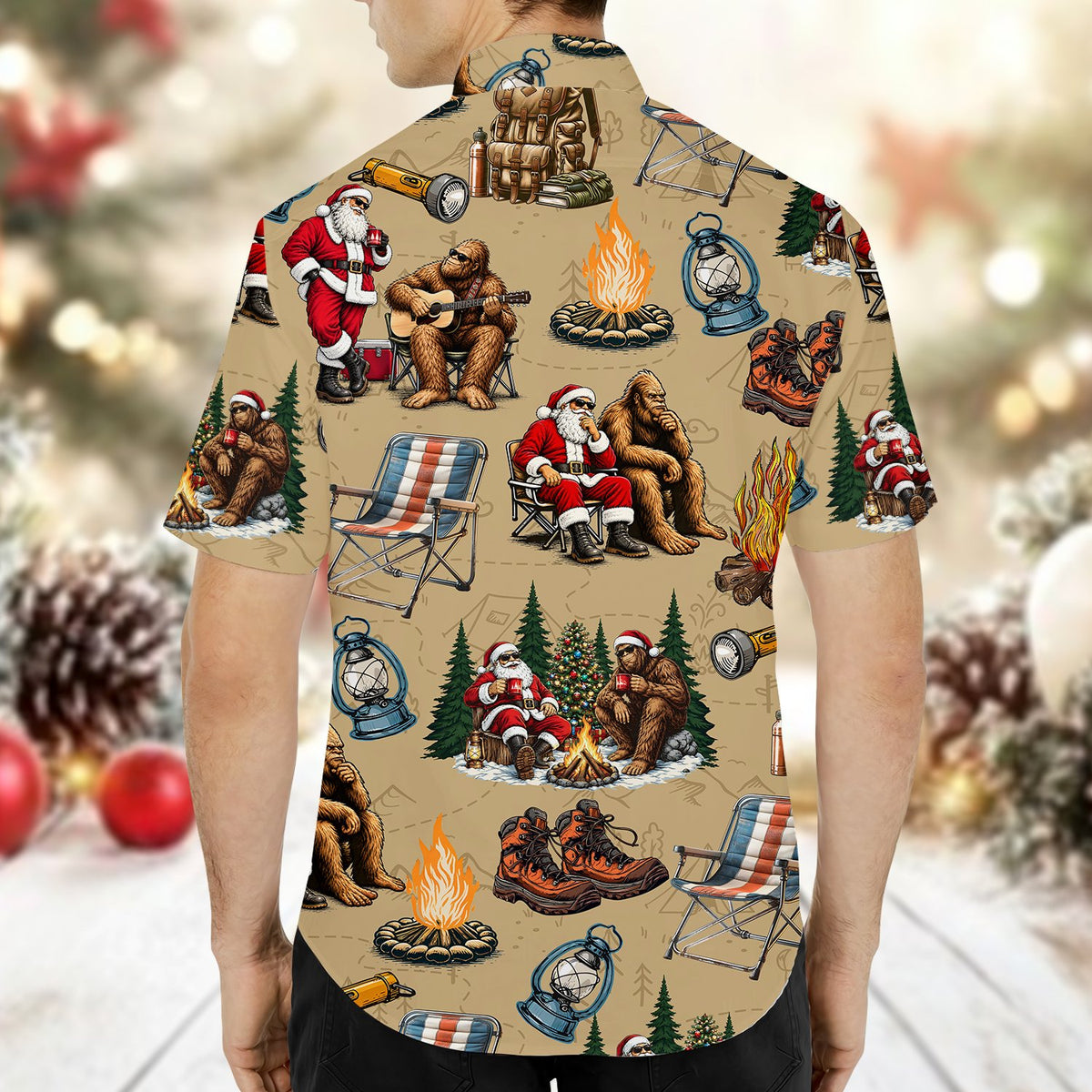 Back view of the Bigfoot Santa camping Hawaiian shirt showcasing the all-over print