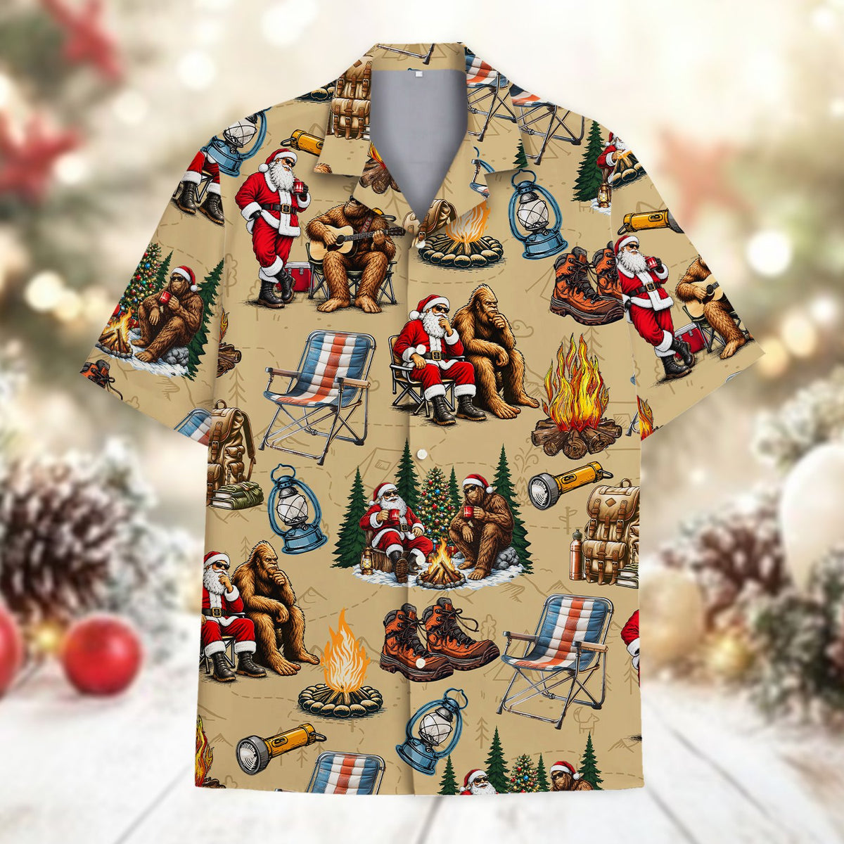 Front view of the matching family Hawaiian shirt in multicolor Bigfoot theme