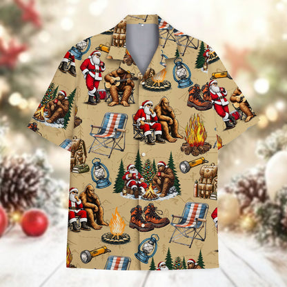 Front view of the matching family Hawaiian shirt in multicolor Bigfoot theme