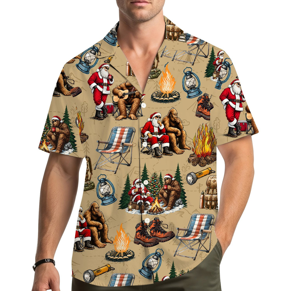 Additional front view of the festive Bigfoot Santa camping shirt