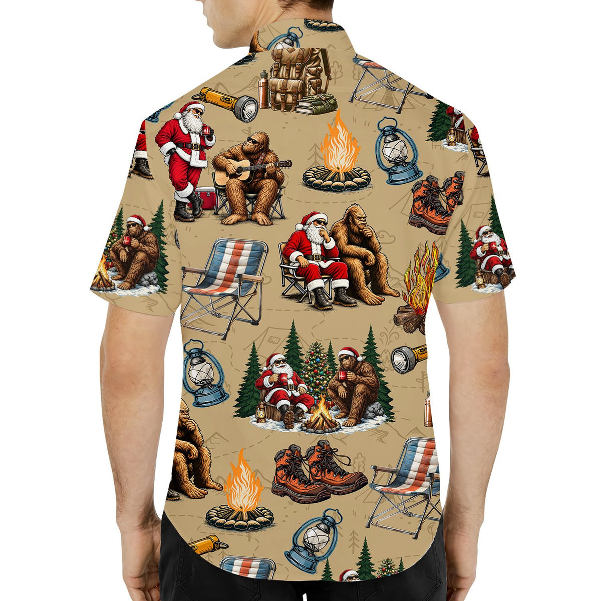 Main view of the matching family Hawaiian shirts featuring Bigfoot and Santa camping on a beige background