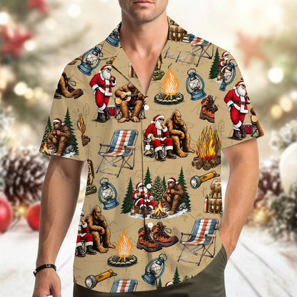 Another lifestyle view featuring the Bigfoot Santa camping Hawaiian shirts in an outdoor setting