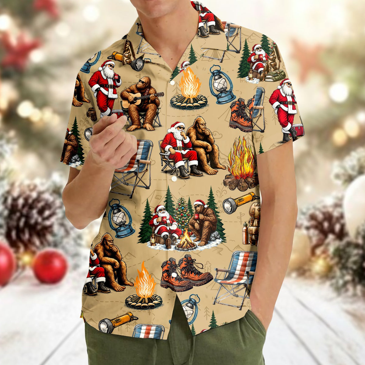 Lifestyle view of a family wearing the matching Bigfoot Santa camping Hawaiian shirts