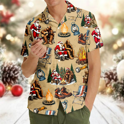 Lifestyle view of a family wearing the matching Bigfoot Santa camping Hawaiian shirts