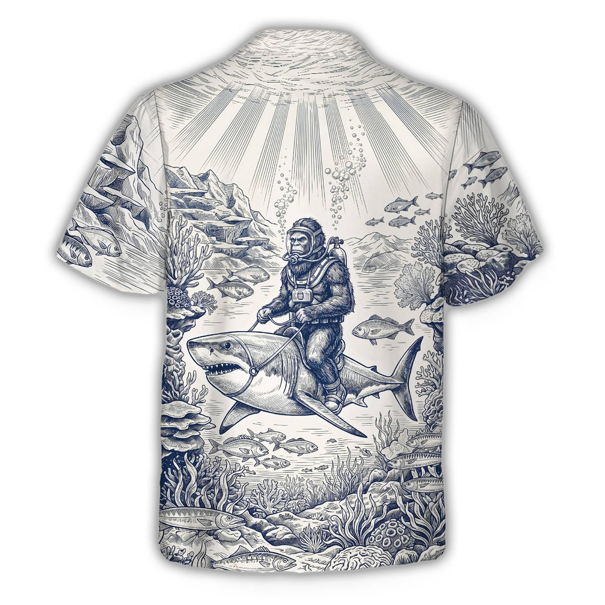 Back view of bigfoot hawaiian shirt featuring blue line drawing on off-white