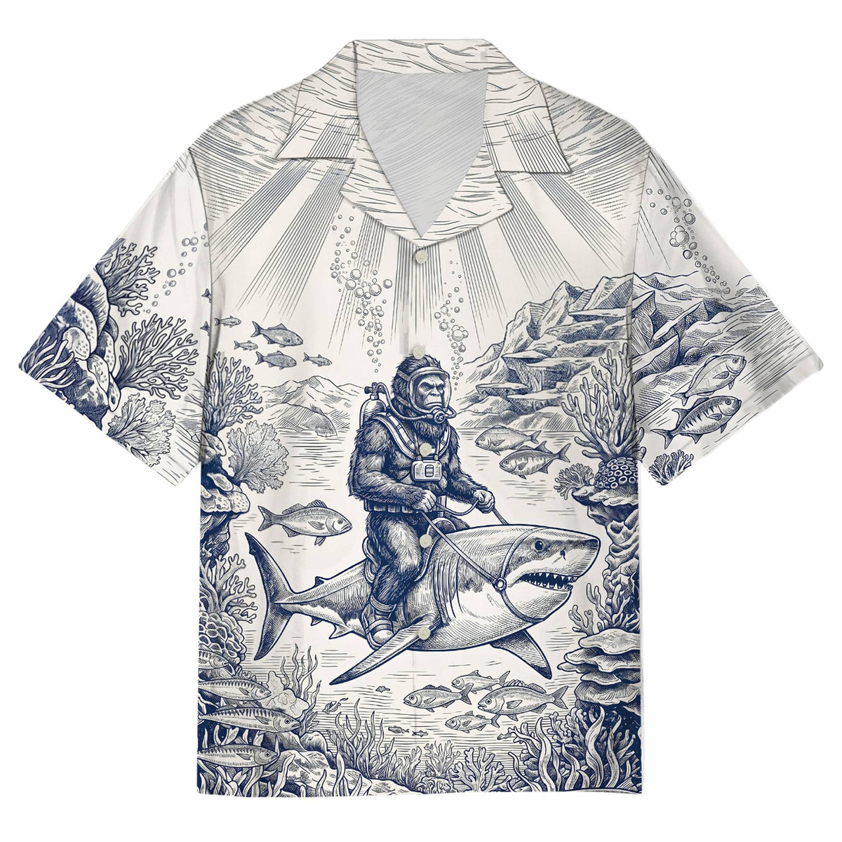 Matching family hawaiian shirts with vintage bigfoot scuba diving and shark design, front view