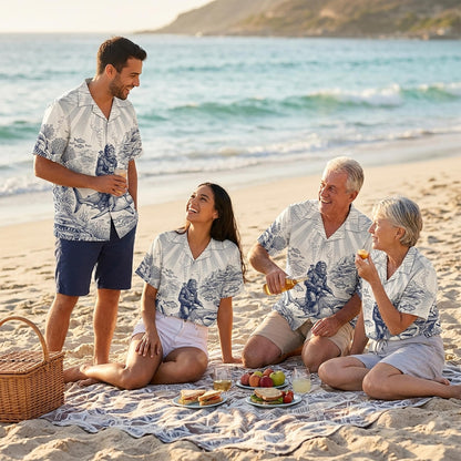 Lifestyle view of matching family hawaiian shirts worn outdoors